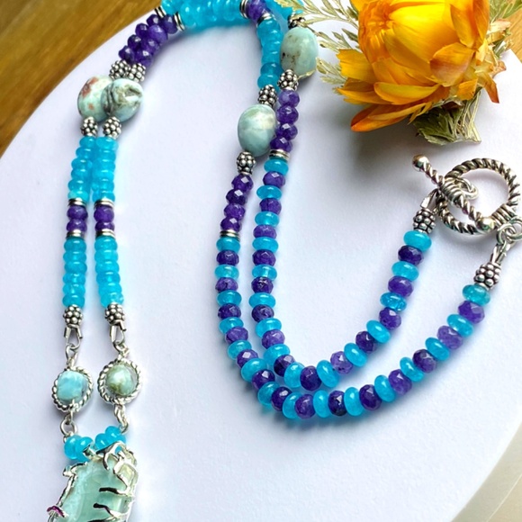 Genuine Larimar with Chalcedony Gemstone Necklace - Picture 3 of 10